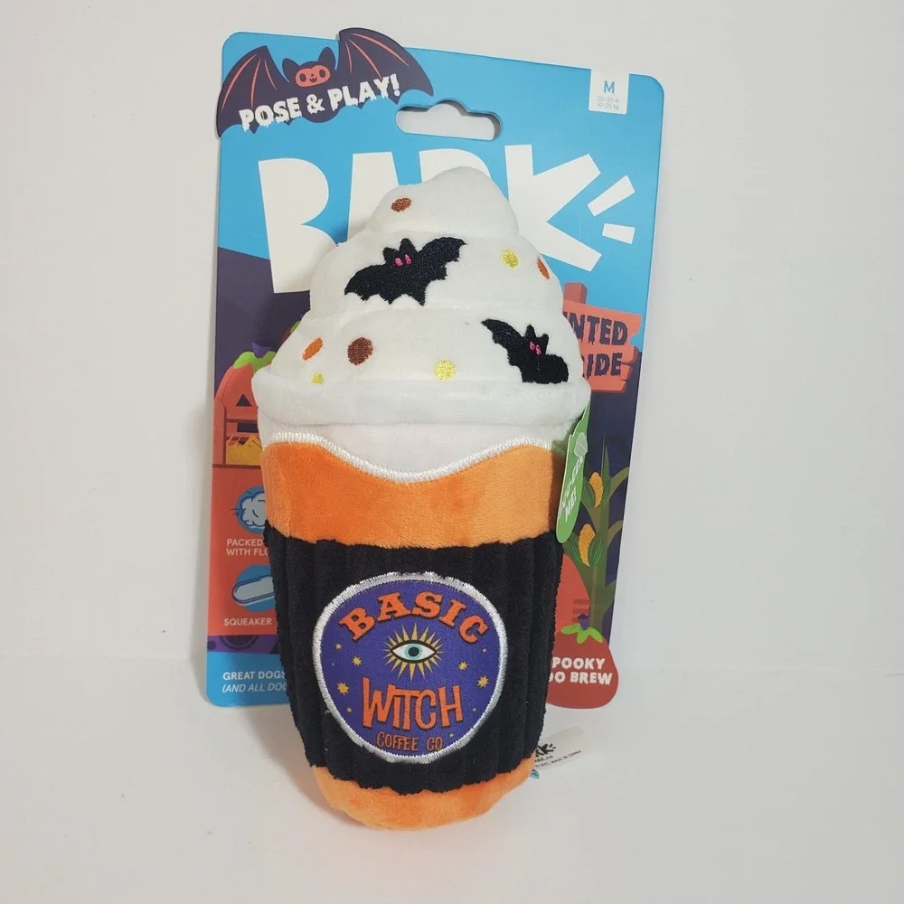 Bark Halloween Spooky Boo Drew Dog Toy Plush Coffee Cup Squeaker For Med Dog NEW